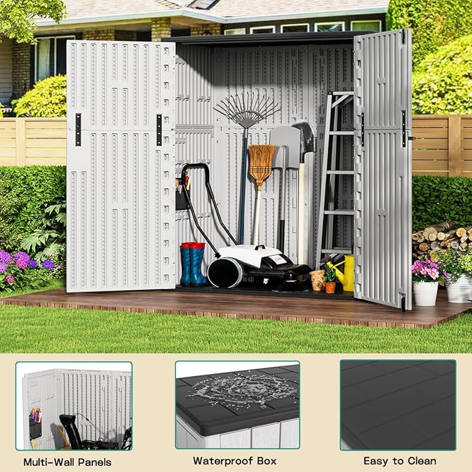 KINYING Outdoor Vertical Storage Shed,57 Cu.ft Outdoor Storage Cabinet Waterproof,Resin Sheds & Outdoor Storage Clearance for Garden,Patio,Backyard,Lockable (Grey) - Image 3