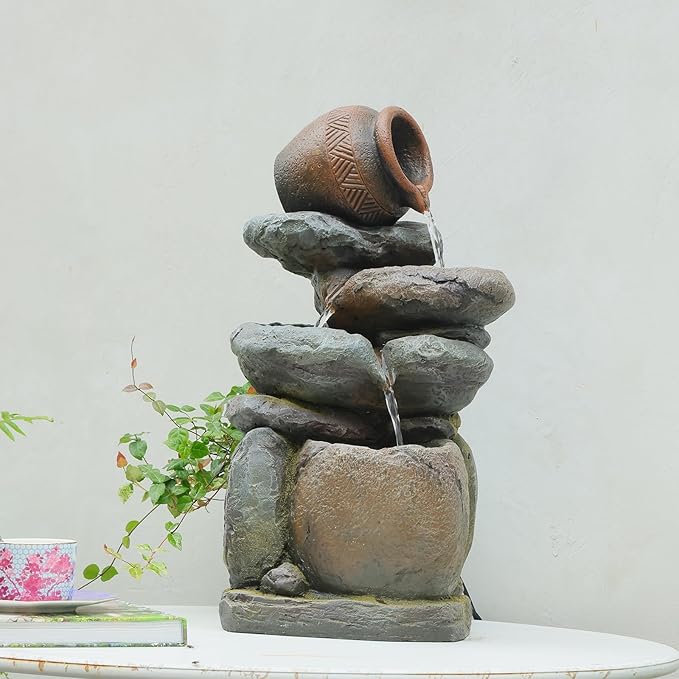 Outdoor Rock Garden Water Fountain for Garden, Patio, Backyard, Deck, Porch and Office, Living Room Home Art Decor, 3 Tiers Natural Cascading Outdoor Fountain with LED Lights 11“x9”x22