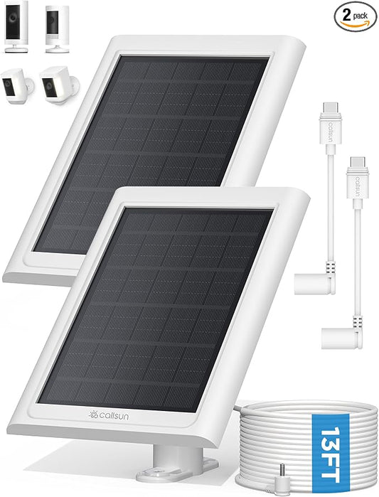 Solar Panel for Ring Camera, 2 Pack Solar Charger Compatible with Ring Stick Up and Spotlight Plus/Pro Outdoor Cam Battery, IP68 Waterproof 13ft Cable with Ring Barrel Plug to USB-C Adapter by Callsun