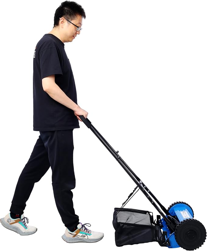 16-Inch 5-Blade Push Reel Lawn Mower with Grass Catcher, 4 Wheels (Blue) - Image 5
