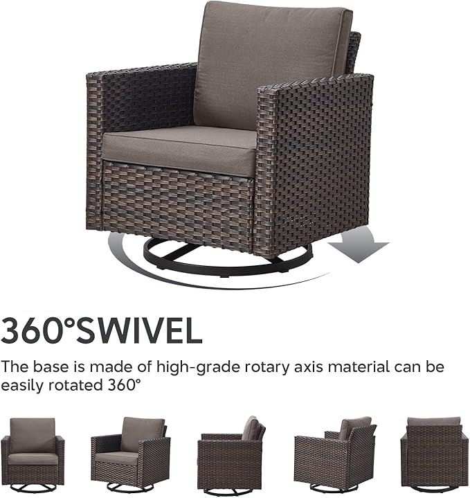 6 Piece Wicker Patio Furniture Set - Outdoor Swivel Rocker Chairs Set with Side Table, 3 Seat Sofa and Ottomans, Small Patio Conversation Sets Proch Furniture for Balcony Deck - Brown/Grey