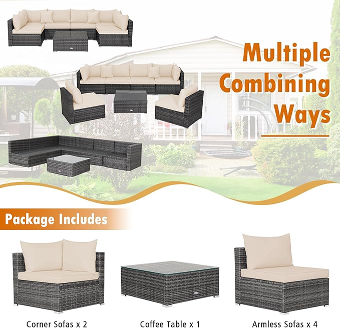 Tangkula 7 Piece Patio Wicker Furniture Set, Outdoor Rattan Sectional Sofa Set for 6 with Seat & Back Cushions, 2 Throw Pillows, Sofa Fastener Clips, for Backyard, Poolside, Deck and Garden (Beige)