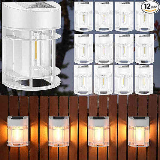 Solar Fence Lights, 12 Pack Waterproof Solar Lights Outdoor, 3000K Warm White LED Outdoor Solar Lights for Fence Garden Yard Step Stairs Patio Décor