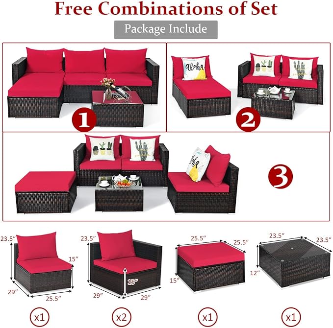 Tangkula 5 Piece Outdoor Patio Furniture Set, Sturdy Frame and Weight Capacity Up to 360 Pounds, Wicker Sectional Sofa Set with Glass Top Coffee Table, Porch Garden Poolside Furniture for 4 (Red)