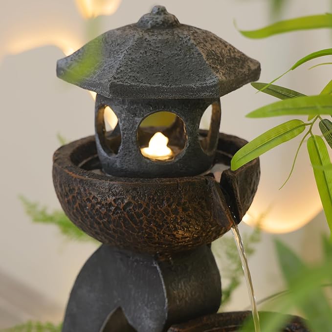 Water Fountain Outdoor Zen Feature - Garden Tranquil Pagoda Waterfalls Fountains Bowl with LED Lights & Pump for Patio Yard Porch Pool, Gray, 35.5 inches