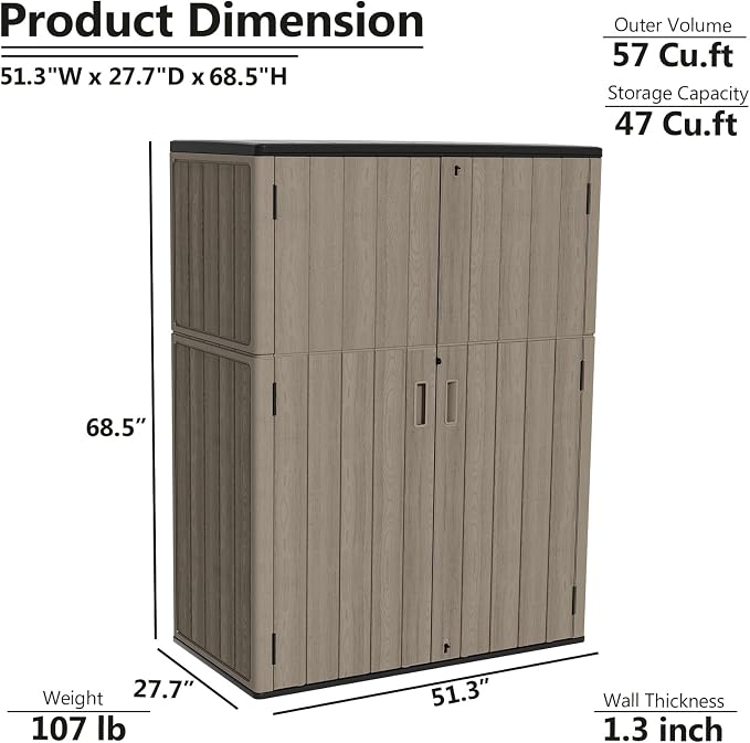 ZZM 57 Cu.ft Outdoor Storage Shed HDPE Storage Cabinet, Double-Wall Resin Sheds with Floor Vertical Lockable Sheds Garden Tools Trash Can, Lawn Mower, Bike Storage, Waterproof, Brown - Image 3