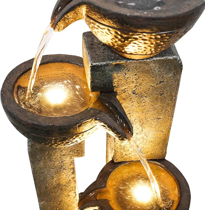 40" Inch Water Fountain Outdoor&Indoor 4-Tiers Large Outdoor Patio Decor Gray Garden Water Fountain for Outside Waterfall with LED Light&Pump Resin Modern Floor-Standing Water Feature Outdoor