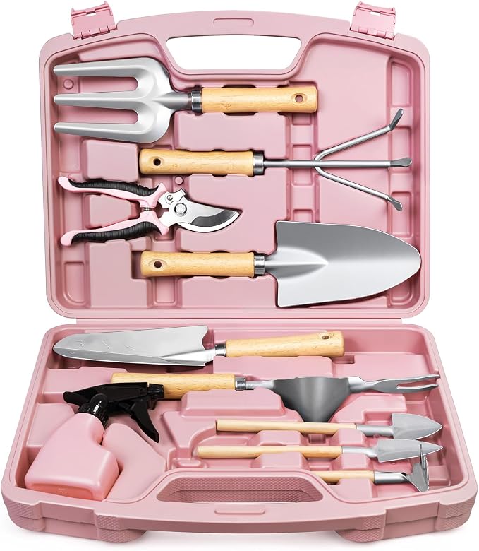 Grenebo 12-Piece Womens Gardening Tools Gift Set, Rust-Proof & Heavy-Duty Garden Tools with Durable Carrying Case, Fashionable & Thoughtful Gardening Gifts for Women&Men (Pink-Silver) by Grenebo