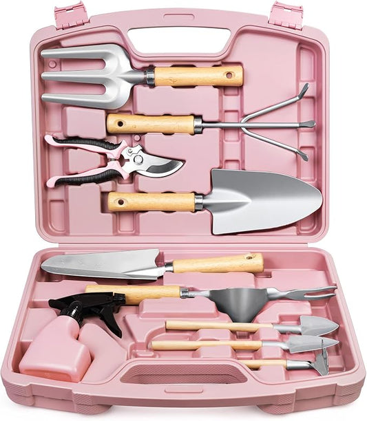 Grenebo 12-Piece Womens Gardening Tools Gift Set, Rust-Proof & Heavy-Duty Garden Tools with Durable Carrying Case, Fashionable & Thoughtful Gardening Gifts for Women&Men (Pink-Silver) by Grenebo