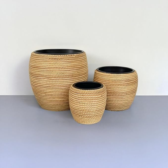 Alpine Corporation Indoor/Outdoor Poly Rattan Planters with Removable Inserts, Aesthetic Lawn and Garden Decor, Beige - Set of 3 Sizes