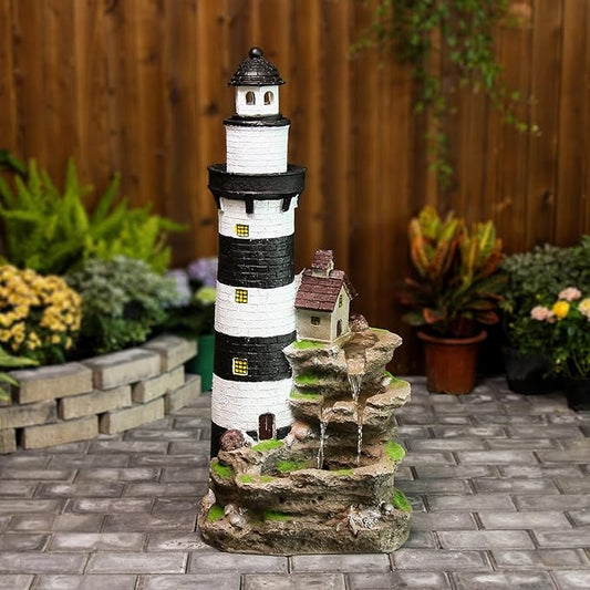YZM 38.58" H Lighthouse Floor Waterfall Fountain with LED Lights 3-Tiered Rock Water Fountain Outdoor Garden for Patio Backyard Home Decor