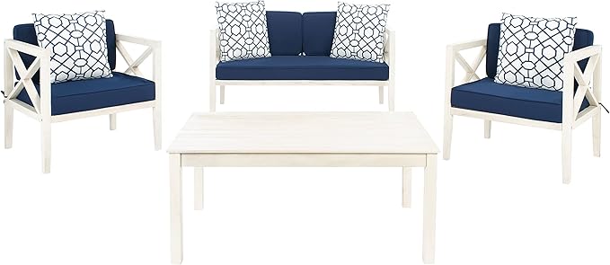 SAFAVIEH Outdoor Collection Nunzio Off-White/Navy Blue Cushion 4-Piece Conversation Patio Set with Accent Pillows
