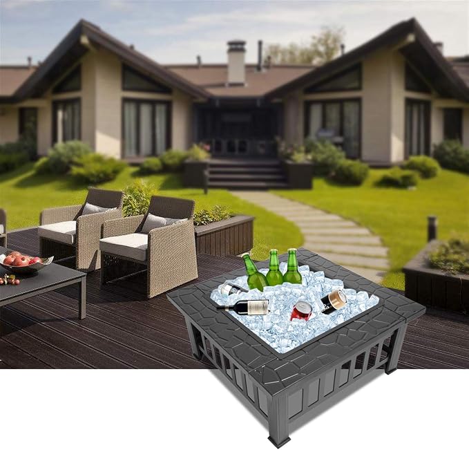 32in Portable Square Fire Pits,Modern Large Camping Fire Bowl,Metal Outdoor Wood Burning Firepit,Outside Bonfire Fireplace,with Spark Screen,for Patio Garden Campfire Party Backyard (Black) - Image 7