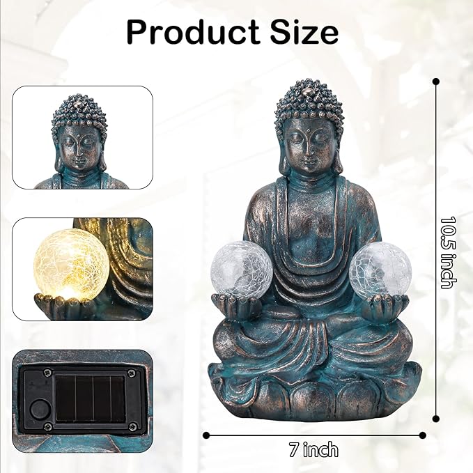 Afirst Meditating Buddha Garden Statues Solar Buddha Sculpture Decor with Glass Balls Zen Meditation for Home Garden Yard Patio Indoor Outdoor Ornaments Gifts for Mom, 10.5''