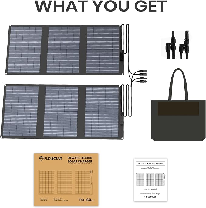 FlexSolar 120W (2-Pack 60W) N-Type Solar Panel, 25% High Efficiency, IP67 Waterproof, Half-Cut Cell, Lightweight Parallel Charger for RV, Camping, Off-Grid & Portable Power Station - Image 7