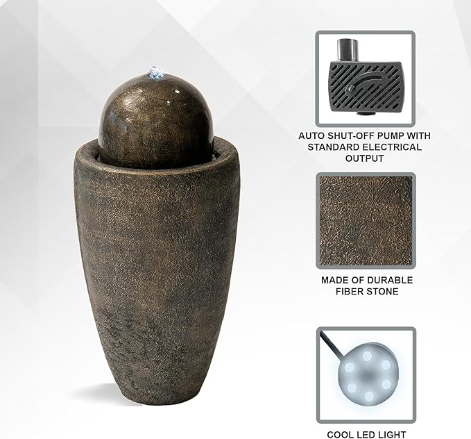 XBrand 26" Modern Sphere Water Fountain with LED Light – Indoor Outdoor Stone Texture Floor Fountain, Zen Bubbling Ball Water Feature for Garden Patio Porch - Bronze