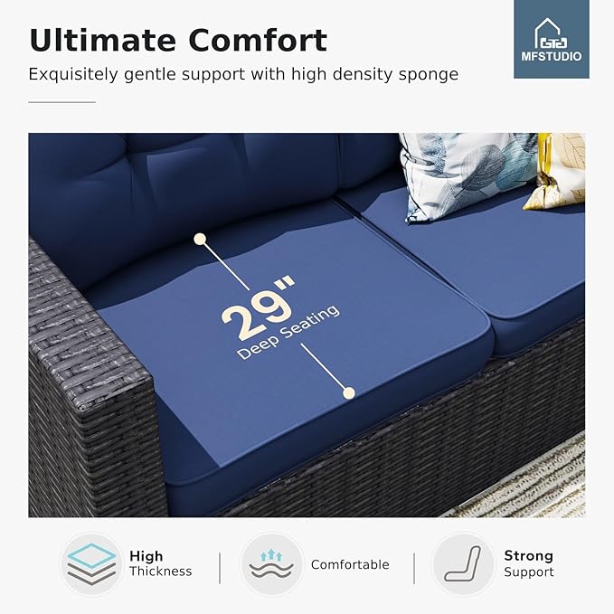 MFSTUDIO 4 Piece Wicker Patio Furniture Set, L Shaped Small Rattan Patio Sectional Sofa Couch Outdoor Conversation Sets with Navy Blue Cushions, Storage Box, Glass Coffee Table for Garden, Backyard