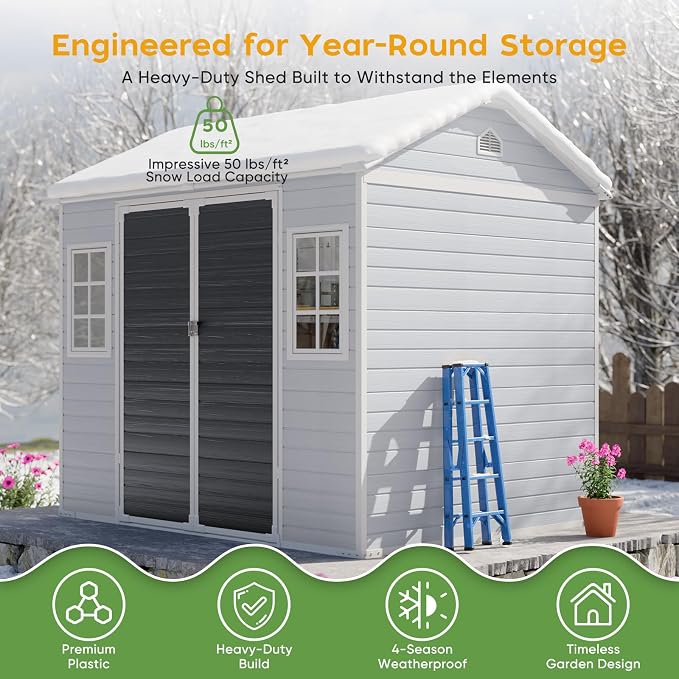 WACASA 8x6 FT Resin Plastic Shed with Floor, Heavy-Duty 21-Gauge Reinforced Steel Frame, 16mm Ultra-Thick Panels, Outdoor Storage Sheds with Awning Windows, Air Vents - Image 8