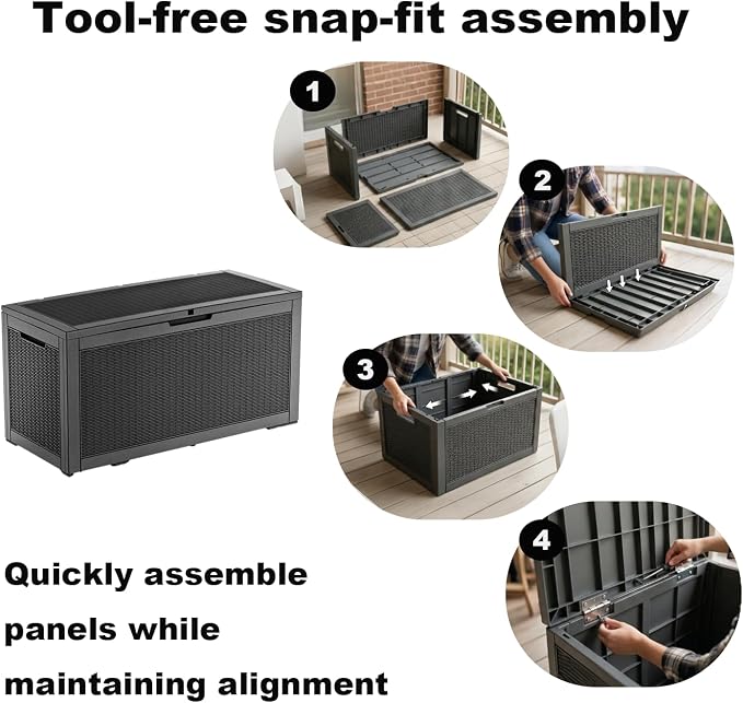PatioZen 100 Gallon Resin Deck Box, Lockable Patio Outdoor Storage Box for Furniture, Garden Tools and Tools Storage, Waterproof Outside Storage Boxes - Black - Image 7