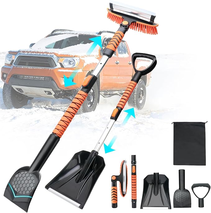 43.3'' Snow Shovel & Snow Brush with Ice Scrapers for Car Windshield,5-in-1 Extendable Thicken Aluminum Tube,180° Pivoting Brush Head & Foam Grip for Christmas, Cars, Trucks, SUVs, Vehicle(Orange by Nibule
