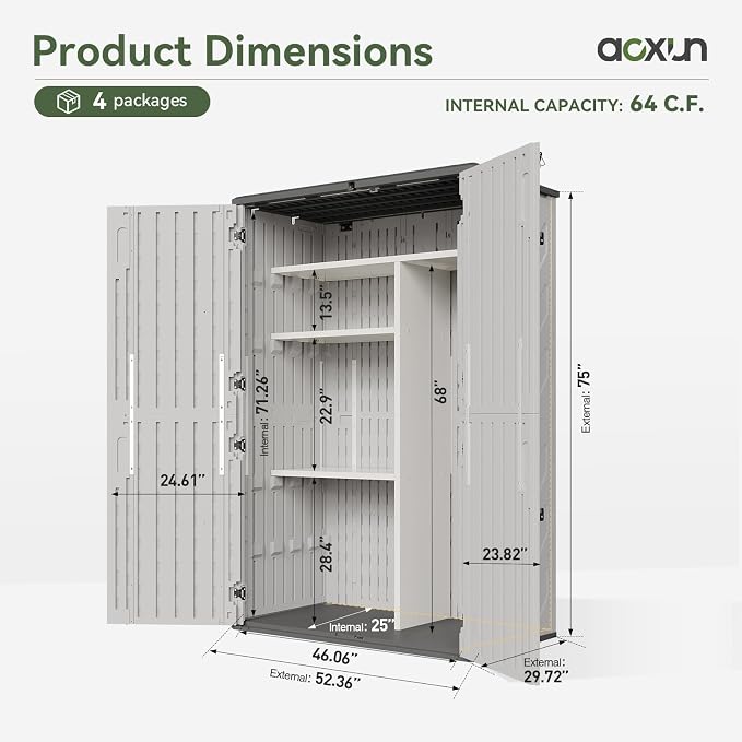 Aoxun Outdoor Resin Storage Shed with Metal Shelving Kit & Floor, 64 Cu.Ft Vertical Waterproof Storage Cabinet for Garage, Pool, Bike, Garden Tools, Patio Furniture (White) - Image 6