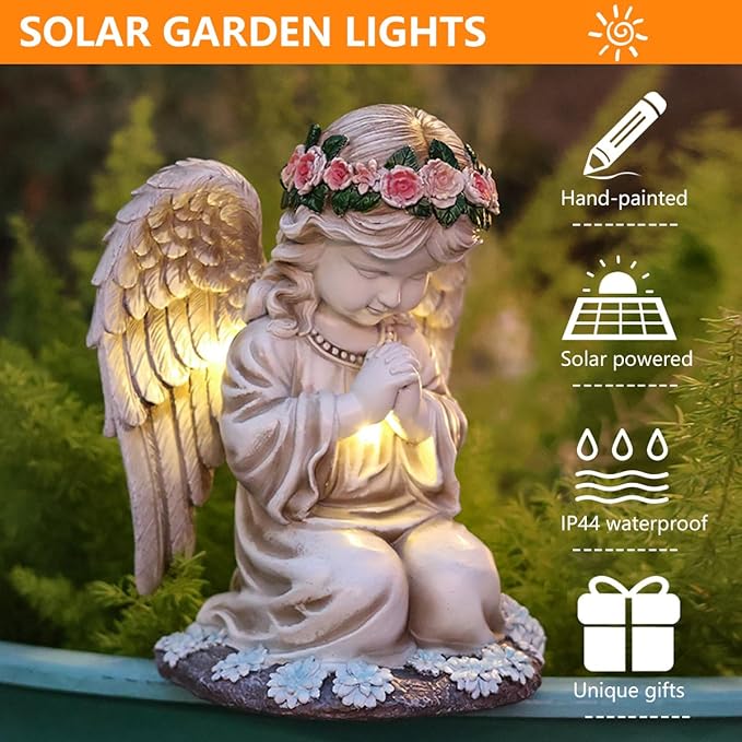 Solar Garden Outdoor Statues Lights, Resin Angel Figurine Light for Patio, Balcony, Yard, Lawn Ornament, Unique Housewarming Gifts and Yard Decor