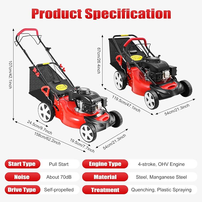 20Inch Gas Self-Propelled Lawn Mower, 140CC 8-Gears Gasoline Walk Behind Mower, 4stroke 2800Rpm Ohv Petrol Engine 4reinforced Nylon Wheels Greening W/Manganese Steel Straight Blade, 15.9Gal Large Bag - Image 9