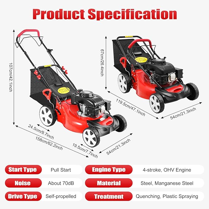 140cc Self Propelled Gas Lawn Mower, 4-Stroke Wheel FWD Lawnmower Handle Lawn Mower 8 Gears Adjustable Cutting Height with 60L/15.85gallon Capacity Bag for Lawn Planting for Weeding - Image 3
