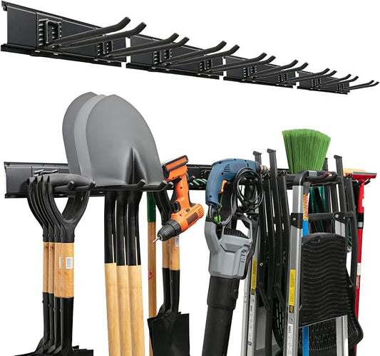 TIDYME Garage Tool Organizer Wall Mount - 64 inches - Sturdy Storage Rack with Adjustable Hooks, Anti-Rust - Easy Installation, 400lbs Capacity - Garden Tool Organizer (04 Racks & 08 Hooks) by Tidyme