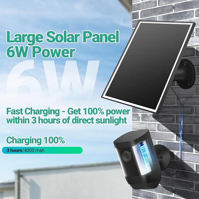 Solar Panel for Ring Camera, 6W Solar Charger with USB-C & Barrel Plug for Ring Stick Up Cam Pro/Plus & Spotlight Cam Battery Series, Waterproof, 16ft Cable (Black) - Image 3