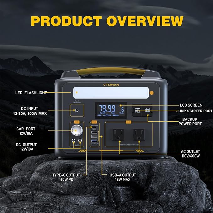 VTOMAN Jump600X 600W Portable Power Station with 640Wh Extra Battery, 939Wh Solar Generator LiFePO4 Battery, Peak 1200W AC Outlet, PD 60W USB-C, 3x12V/10A DC for Outdoor Camping, Off-grid, Home Backup - Image 3