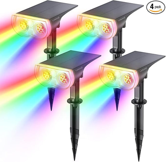 Linkind Solar Lights Outdoor Waterproof IP65, StarRay RGB Solar Spot Lights Outdoor, Color Changing Outdoor Solar Lights for Yard, Garden, Pathway, Easter Decor (Multicolor, 4 Pack)