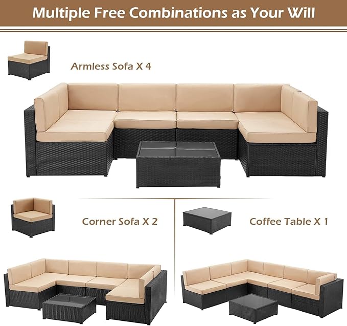 U-MAX 7 Piece Outdoor Patio Furniture Set, PE Rattan Patio Wicker Sectional Furniture Chair Set with Cushions and Tea Table, (Black Rattan&Beige Cushion)