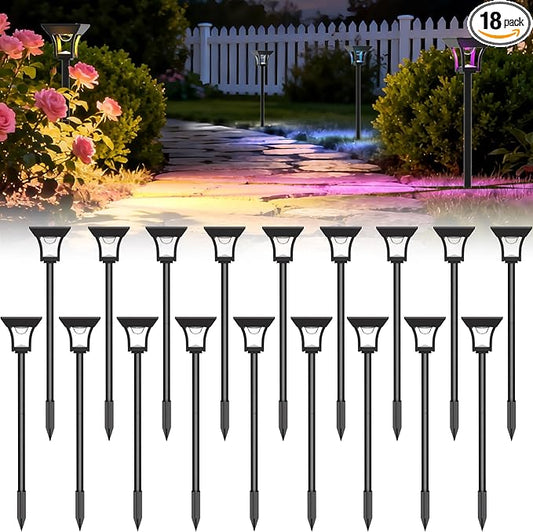 CINOTON 18 Pack RGBCW Solar Pathway Outdoor Lights, 3 Lighting Modes Solar LED Garden Lights, IP65 Waterproof Outside Solar Powered Landscape Lighting for Planter Lawn Pool Balcony RGB/Warm/Cold White
