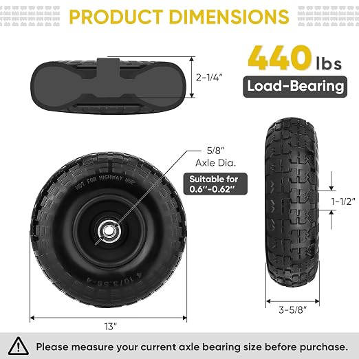 TICONN 4.00-6 Tire and Wheel Flat Free, 4 Pack 13" Solid Tires with 5/8" Axle Bore Hole and Double Sealed Bearings, Perfect for Wheelbarrow, Garden Cart, Wagon, Dolly (Black, 4PK) - Image 4