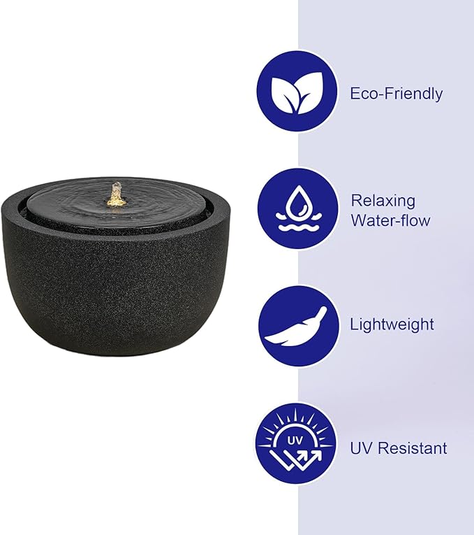 12.60” H Outdoor Water Fountain Made with Eco-Friendly Recyclable Materials, Polyethylene Round Bubbler Water Fountain Outdoor, Garden Decor with LED Light for Patio, Porch, Backyard (12.60")