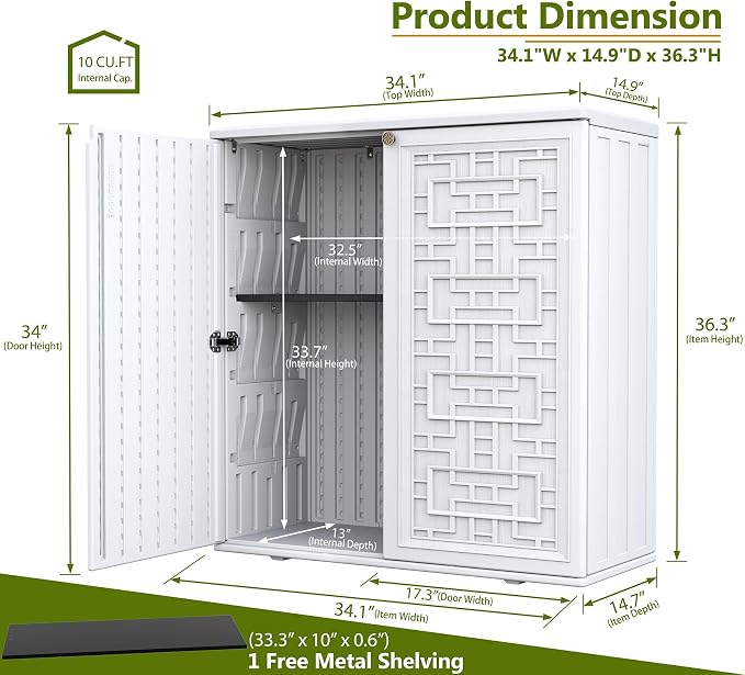 ZZM HDPE Outdoor Storage Shed, Outdoor Plastic Storage Cabinet, Horizontal Resin Tool Shed for Garden, All Weather Outdoor Storage Clearance, DIY Usage, with one Shelf (White) - Image 3