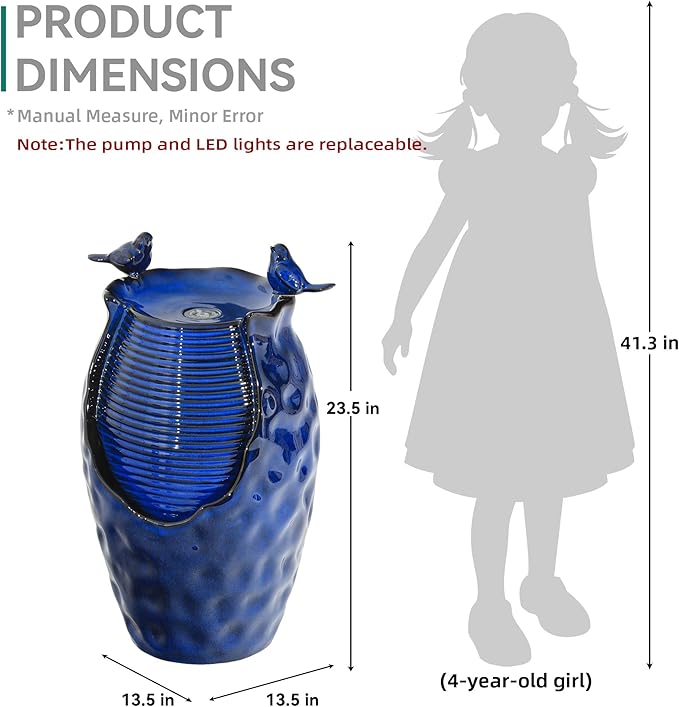 23.5" H Ceramic Jar Outdoor Fountain, Honeycomb Pot Water Feature with LED Lights, Soothing Trickling Waterfall for Garden, Patio, Yard Oasis, KD Vivid Bird Accents, Cobalt Blue Glaze,