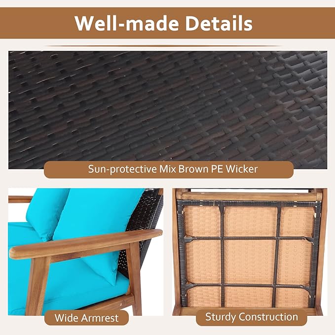 Tangkula 8-Piece Patio Furniture Set, Outdoor Acacia Wood Conversation Set with Cushions and Coffee Table, Outdoor PE Wicker Sectional Sofa Set for Garden, Poolside and Backyard (2, Turquoise)