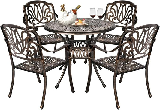 VINGLI 5 Pieces Outdoor Patio Dining Set, Cast Aluminium Patio Furniture Set with 4 Chairs and 1 Umbrella Table for Yard, Garden, Porch and Poolside, Bronze by VINGLI