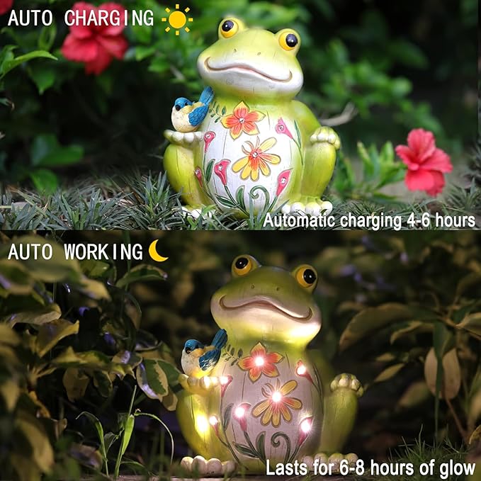 Outdoor Frog Sculptures,Solar Resin Garden Outdoor Statues,Mother's Day Frog Gifts Sculptures Decorations for Home Patio,Yard,Lawn, Porch, Ornament