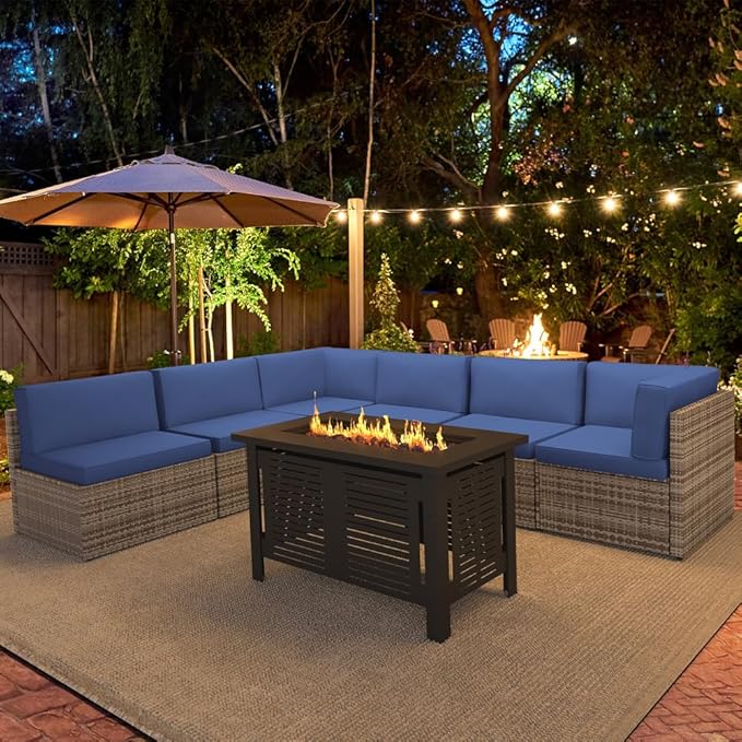 U-MAX 7 Piece Outdoor Patio Furniture Set with 43 Inch Fire Pit Table, PE Rattan Wicker Sofa Set, Outdoor Sectional Furniture Chair Set with Cushions and Tea Table, Grey Rattan&Dark Blue Cushion