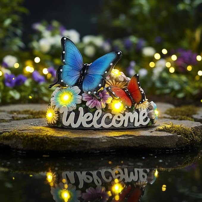 Solar Butterfly Garden Statues 5.3" Resin Butterflies Figurine with Welcome Sign Solar Butterfly Lights Outdoor Balcony Yard Patio Decor Housewarming Birthday Gifts for Women Mom Grandma