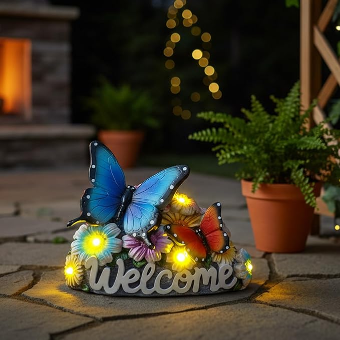 Solar Butterfly Garden Statues 5.3" Resin Butterflies Figurine with Welcome Sign Solar Butterfly Lights Outdoor Balcony Yard Patio Decor Housewarming Birthday Gifts for Women Mom Grandma