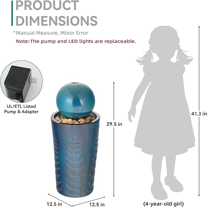 29.5" H Ceramic Sphere Water Fountain with LED Light, Modern Nature-Inspired Design, Teal Blue Glaze with Leaf Patterns & Decorative Pebbles, Soothing Water Feature for Patio, Yard or Garden