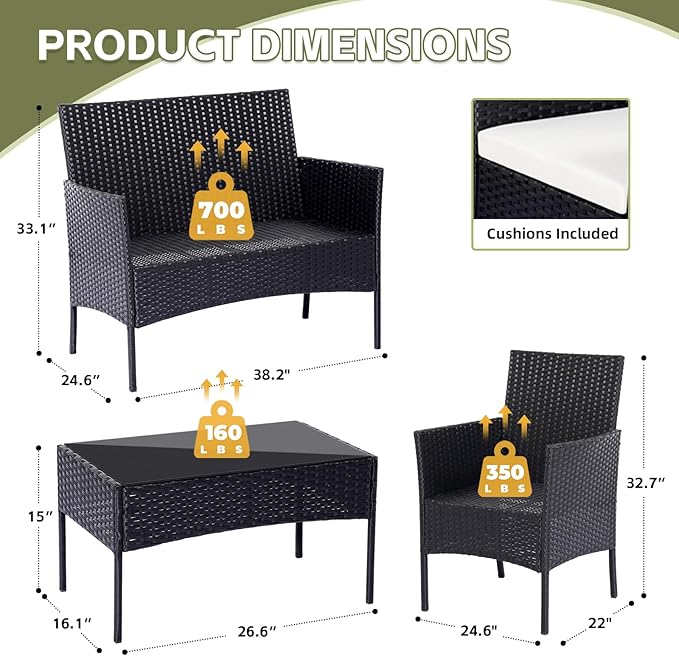 Patio Furniture Set 4 Pieces, Outdoor Rattan Furniture with Tempered Glass Coffee Table, Modern Rattan Patio Chairs Conversation Sets with Sofa for Garden, Terrace, Porch, Lawns
