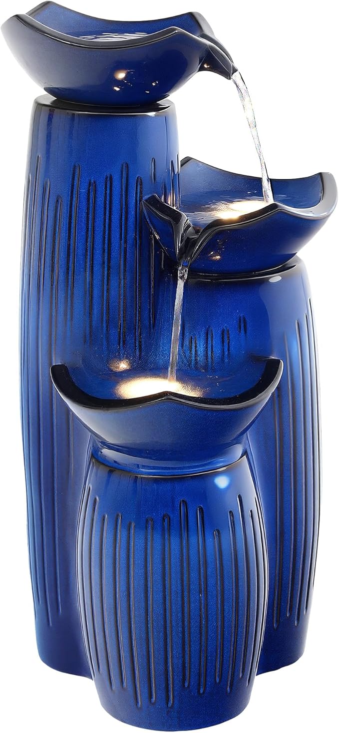 30" H Ceramic Outdoor Water Fountain with LED Lights, 3-Tier Cascading Lotus Bowls Water Feature, Tranquil Waterfall for Relaxing Garden, Patio, Yard, Cobalt Blue, Vertical Striped Texture