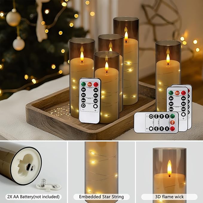 Flickering Flameless Candles Battery Operated with Remote,Led Pillar Candles with Realistic Moving Wick Candles for Halloween,Christmas,Home Decor Pack of 12 (D2.2 xH 5" 6" 7")(Grey)