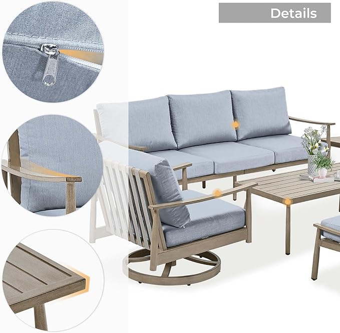 HAPPATIO Patio Outdoor Furniture Set - 7 Pieces Aluminum Outdoor Conversation Set Includes 1 Three-Seater Sofa, 1 Side Table, 1 Coffee Table, 2 Swivel Chairs and 2 Ottomans for Porch, Lawn (Brown)