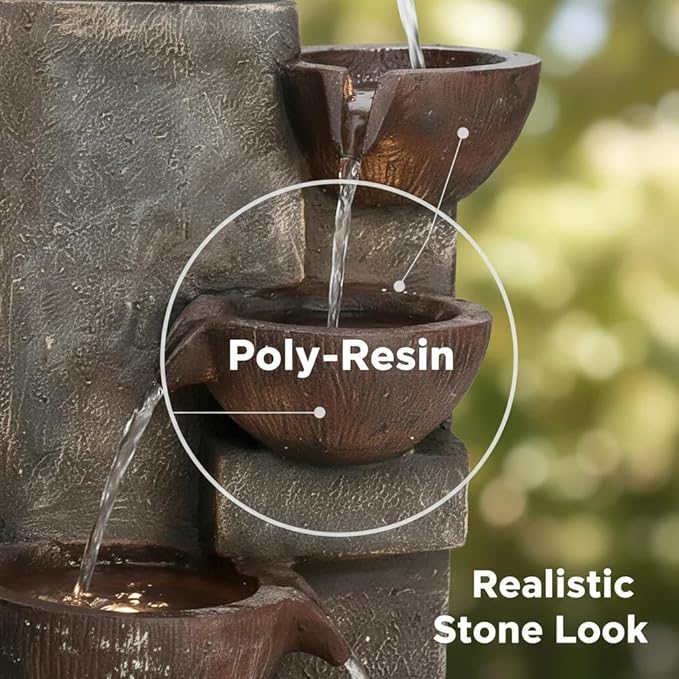 SunJet 5-Tier Outdoor Water Fountain Resin Fountain Decor with LED Lighting Natural Polyresin Looking Stone Decor for Garden Patio Fold Court Yard Deck 12.99" L x 13.78" W x 39.76" H